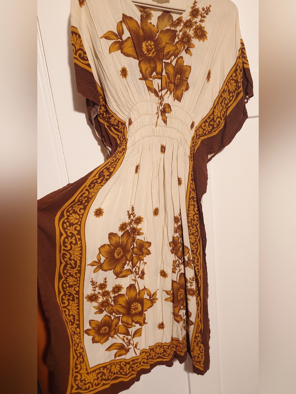 Bohemian Cream Midi Dress with Brown Rust Orange Floral Print